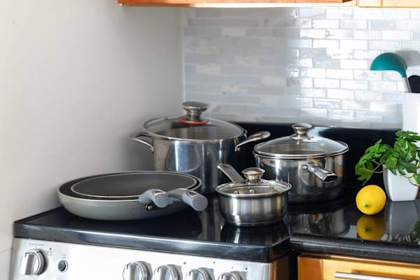 Pots and pans available in the kitchen