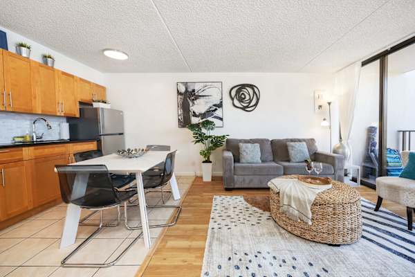 Relax in your living room with a sleeper sofa and a dining area for 4