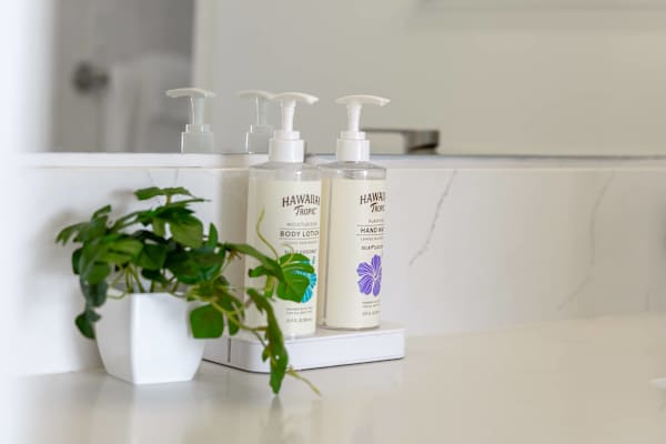 This modern bathroom also comes with all your bathing essentials including shampoo, conditioner, shower gel, and other toiletries.