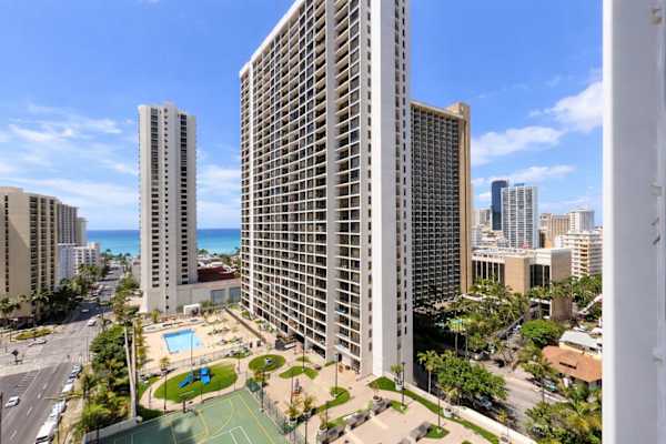 Waikiki high-rise view with ocean backdrop