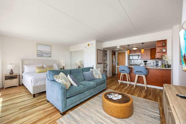 This studio features a king-size bed and a comfortable sofa that transforms into a pull-out bed.