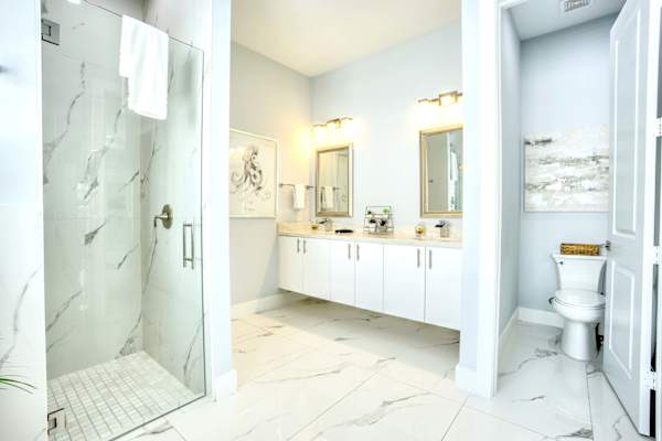 Spacious Bathroom With Walk-In Shower; Freestanding Bathtub; Double Vanity;  Private Enclosed Toilet