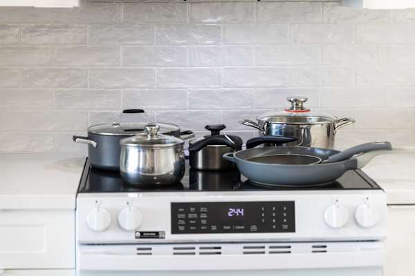 Pots and pans available in the kitchen