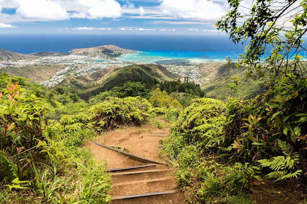 Experience the ultimate reward of the Kuli'ou'ou Ridge Trail with this sweeping panoramic view of East Oahu's emerald ridges meeting the turquoise view of the Pacific Ocean.