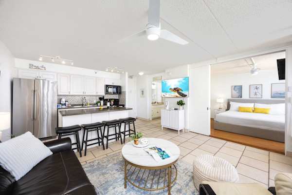 Enjoy your stay in our open-layout 1 bedroom with a living area, fully equipped kitchen, and a king bedroom.