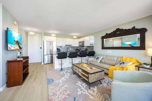 Your unit has a sleeper sofa, a 50" smart TV, a full kitchen, and a dining area for 4.