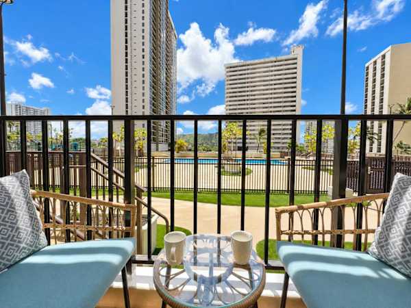Relax from your balcony while enjoying the view of the newly renovated pool area and the Diamond Head mountain.