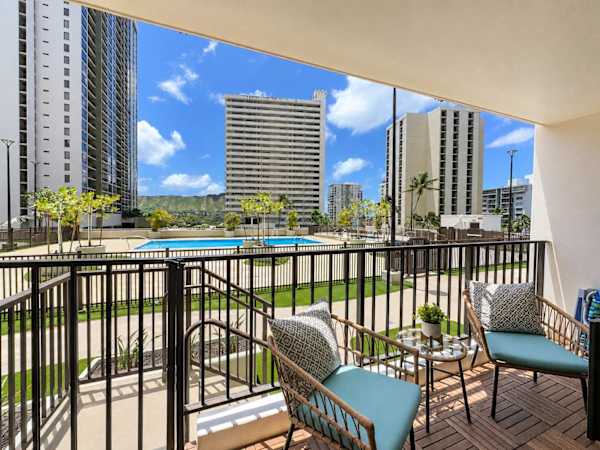Relax from your balcony while enjoying the view of the newly renovated pool area and the Diamond Head mountain.