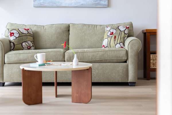 Bright, naturally lit living room with a cozy sofa that converts into a pull-out bed, perfect for relaxing or accommodating extra guests.