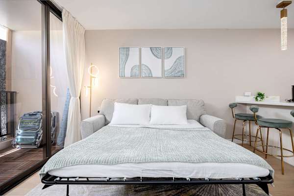 Pull-out sleeper sofa in the living room (best suited for children or occasional use; may not offer the same comfort as a regular bed for adults)