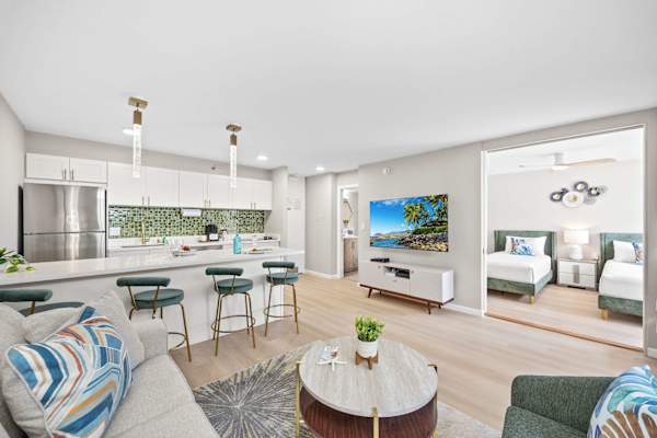 Overview of the living area, kitchen, and dining area