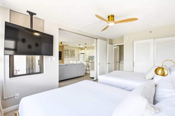 Your bedroom is separated from the living area by a sliding door.