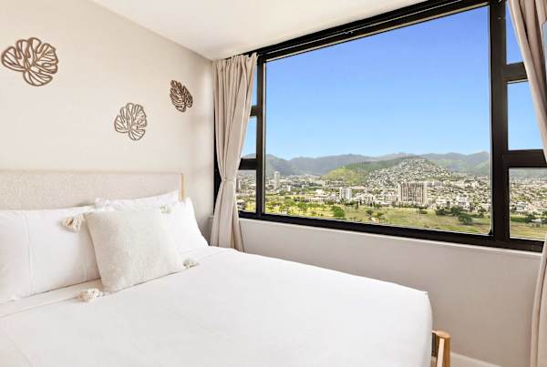 While relaxing in your bedroom, enjoy the mountain views from your window.