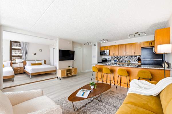 Your living area is separated from your bedroom by a sliding door.