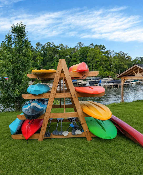 We have stocked the kayak rack with 3 single kayaks, 2 tandem kayaks, and 2 paddleboards all with paddles. We also have adult and kids life jackets.