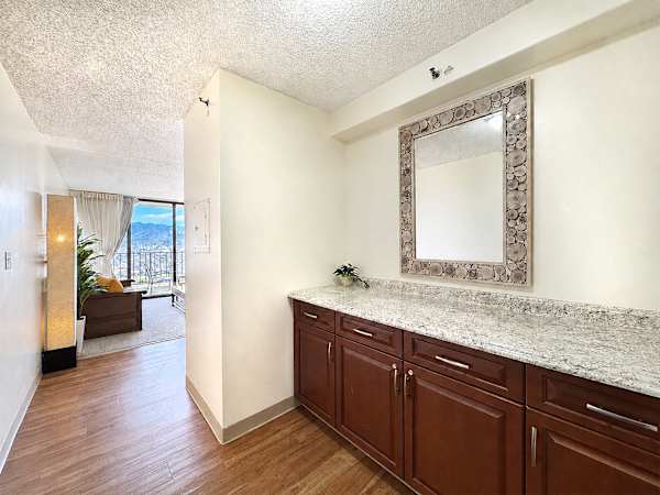The bathroom can be accessed from the living area