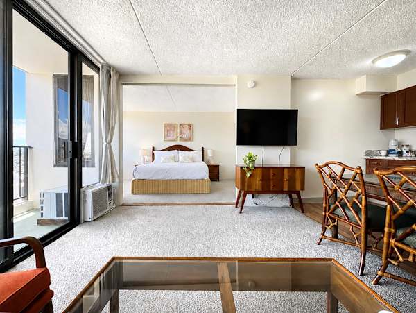 Your living area is separated from your bedroom by a sliding door