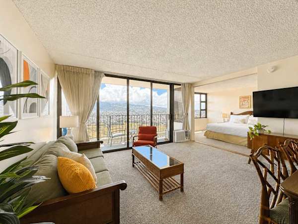 Stay in our cozy 1-bedroom with great mountain views, a 50" smart TV, and a pull-out sleeper sofa in the living room.