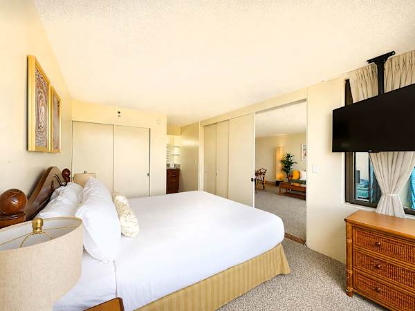 Your bedroom has a king-size bed and easy access to the bathroom