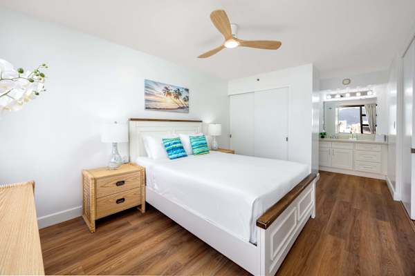 Your bedroom has a queen-size bed, a ceiling fan, plus easy access to the bathroom