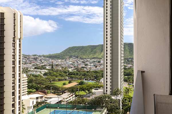 A peek at Diamond Head Mountain from your balcony