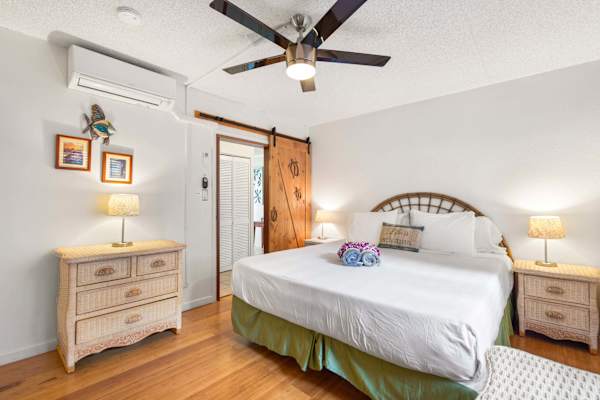 Retreat to the ultimate comfort of your bedroom, featuring a king bed, a wall-mounted air conditioning unit, and a sliding barn door leading into the living area.