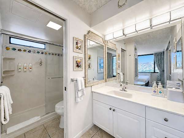 Refresh and rejuvenate in this bright, clean bathroom featuring a spacious vanity, mirror, and a modern walk-in shower