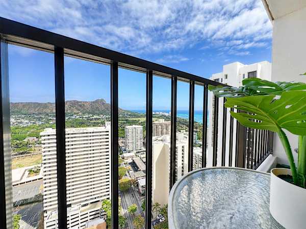 Sip your morning coffee on the balcony at this intimate bistro table while taking in stunning, elevated views of Diamond Head and the coastline