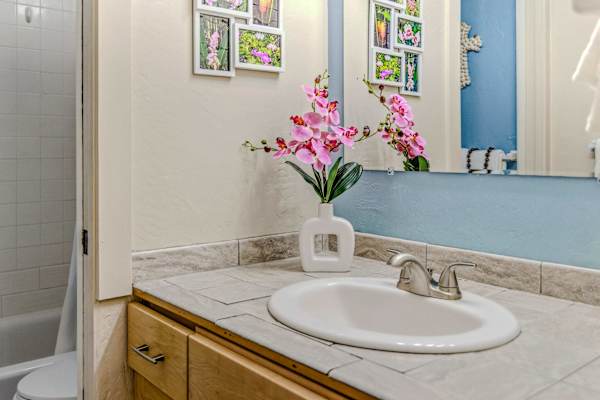 Clean and bright vanity area with plenty of counter space.
