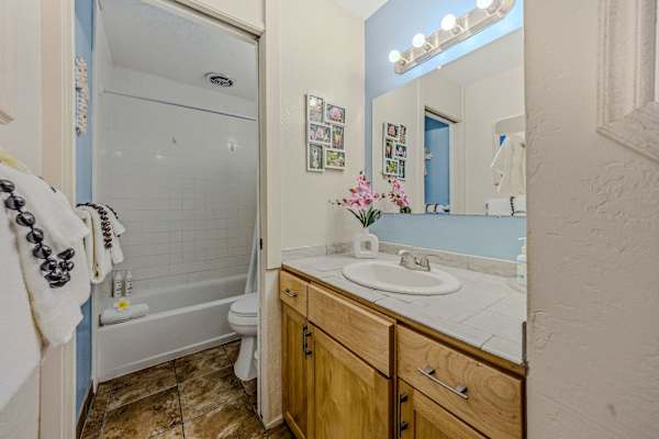 Full bathroom with a shower and spacious vanity.
