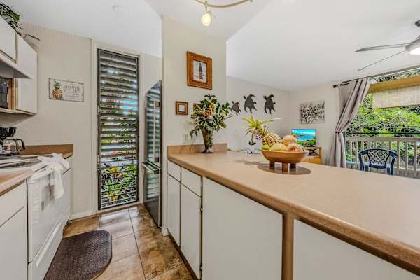 Spacious kitchen with ample counter space for cooking and dining.