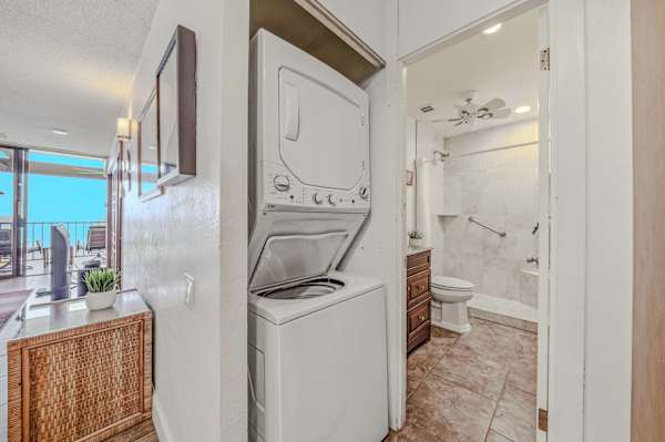 Convenient in-unit stacked washer and dryer available for guest use during your stay. 🧺