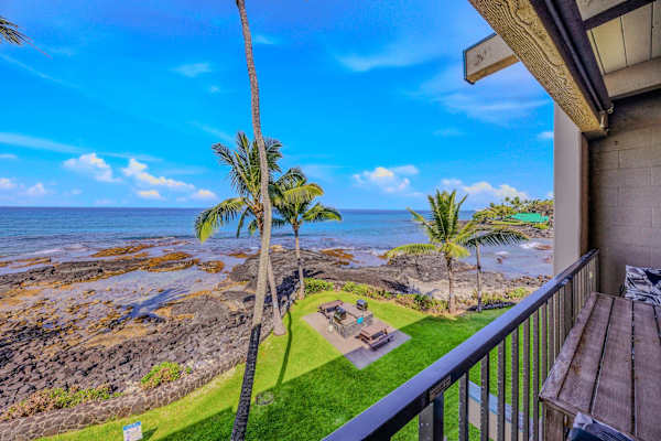 Private balcony view looking out at the lush green lawn, palm trees, and the beautiful ocean. 🌊
