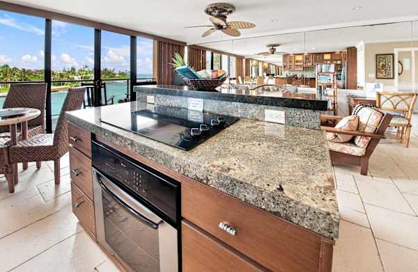 Kitchen Island with Cooktop and Water Views