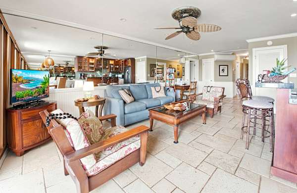 Living Room with Blue Sofa and TV
