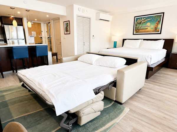 This beautiful studio has a pull-out sleeper sofa