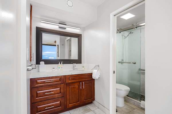 Your bathroom has a wooden vanity with drawers, a big mirror, bright lights, a toilet, and a glass-door shower.