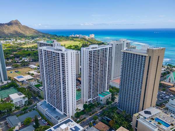 Aerial view of the Waikiki Banyan building
