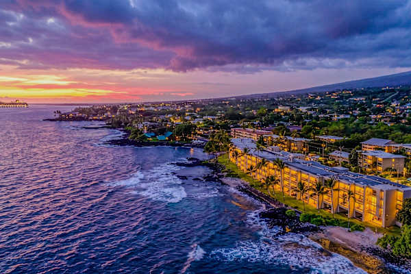 Breathtaking Aerial View of the Oceanfront Resort Complex at Sunset