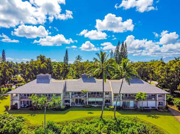 Aerial exterior view showcases the home, grounds, and tropical landscaping