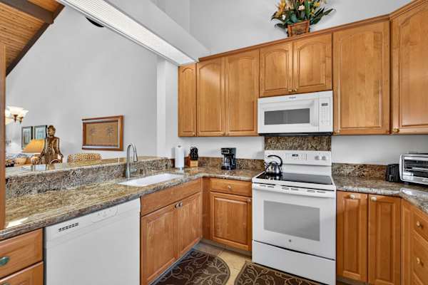 Fully equipped kitchen with granite countertops and wooden cabinetry