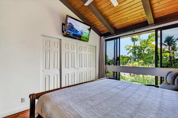 Primary bedroom featuring wall-mounted TV, double closet, and scenic window views