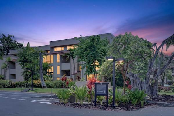 Resort exterior view illuminated at dusk