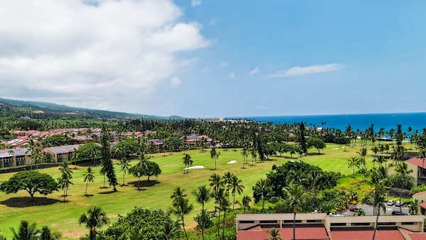 Scenic view of golf course and ocean landscape