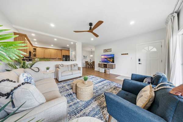 Open Living Space with Kitchen View and Cozy Seating