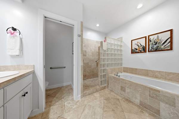 Full Bathroom View with Vanity, Tub, and Shower