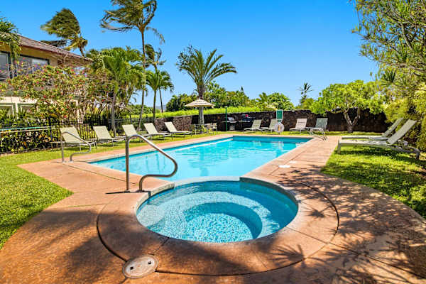 Pool and Hot Tub Surrounded by Loungers and Palms