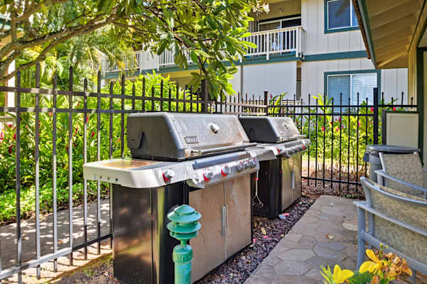 Outdoor BBQ Grills Tucked Beside a Lush Garden Path and Wrought Iron Fence