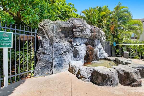 Rock Water Feature Nestled in Tropical Landscaping