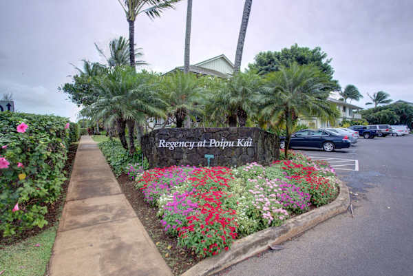 Property Entrance with Tropical Flowers and Palm Lined Walkway